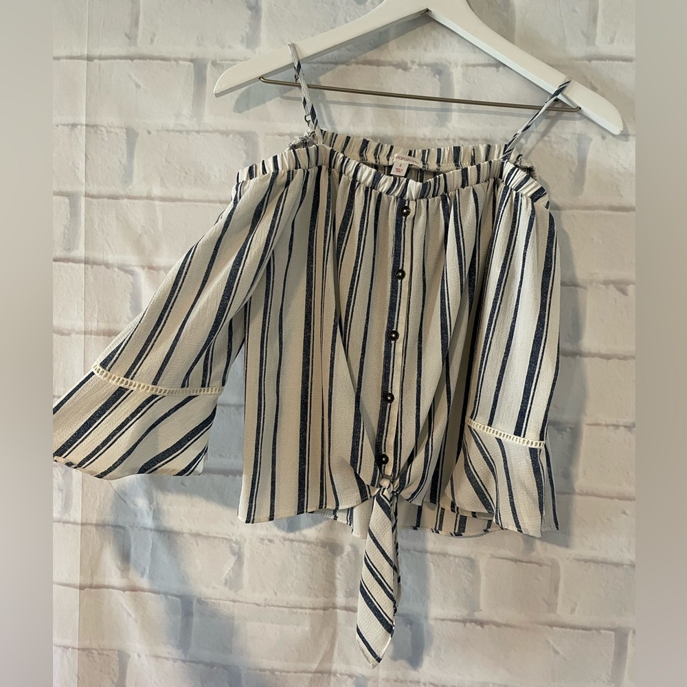 Xhilaration | Off The Shoulder Striped Bell Sleeve Tie Front Blouse